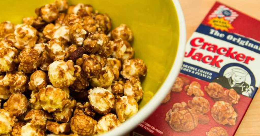 Cracker Jack Original Box next to bowl of caramel popcorn