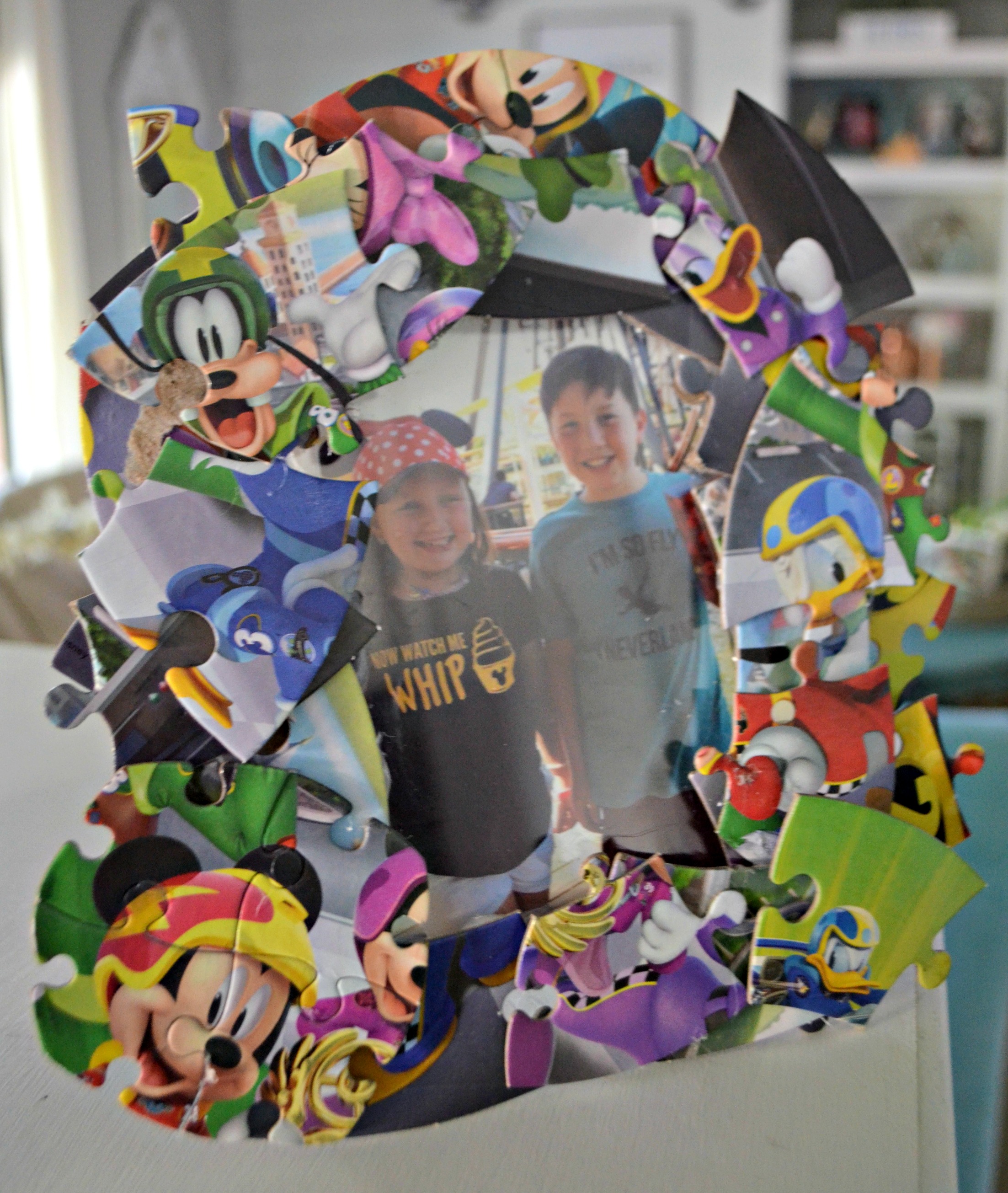 dollar tree Disney puzzle frame craft - a closeup of the finished frame