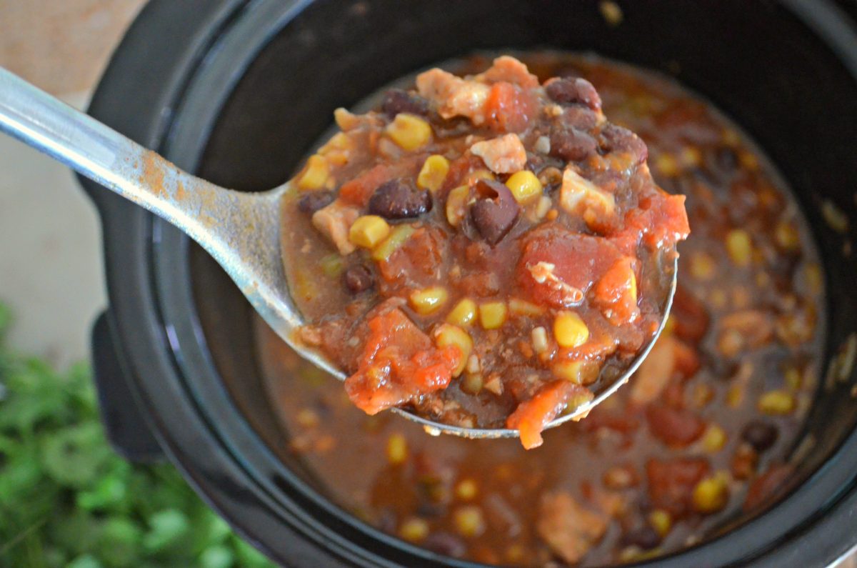 easy slow cooker chicken black bean chili in a ladle