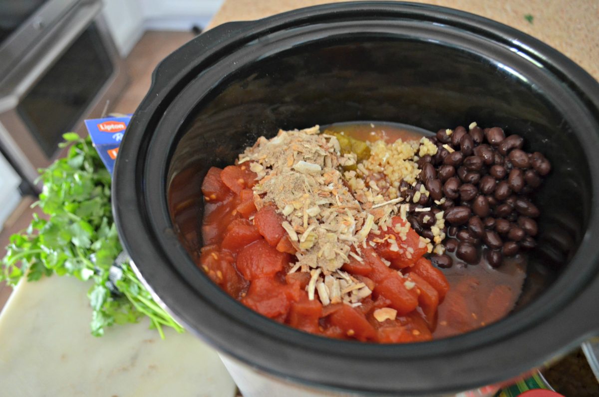 easy slow cooker chicken chili ingredients in the slow cooker
