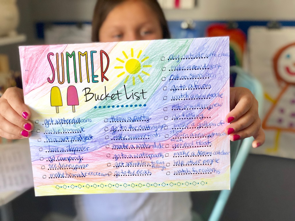 free printable summer bucket list – an example of a colored, filled out list