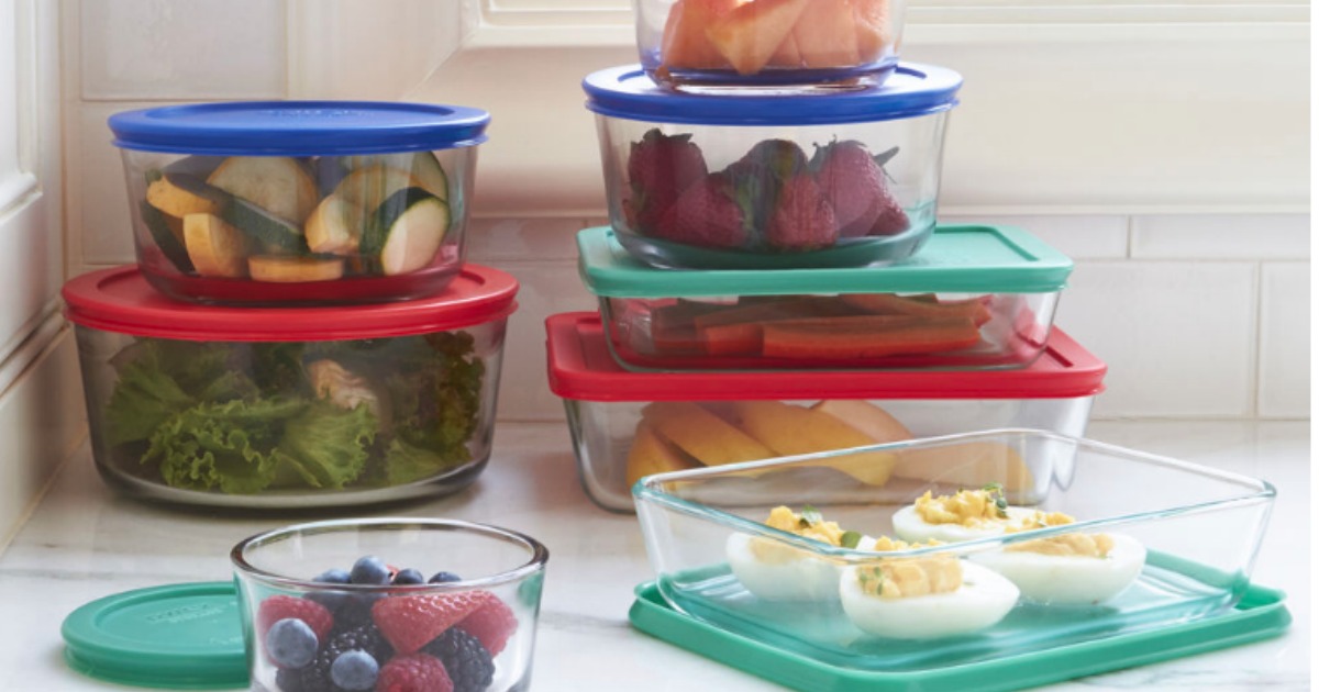 pyrex 18 piece storage set with food in it on display in kitchen