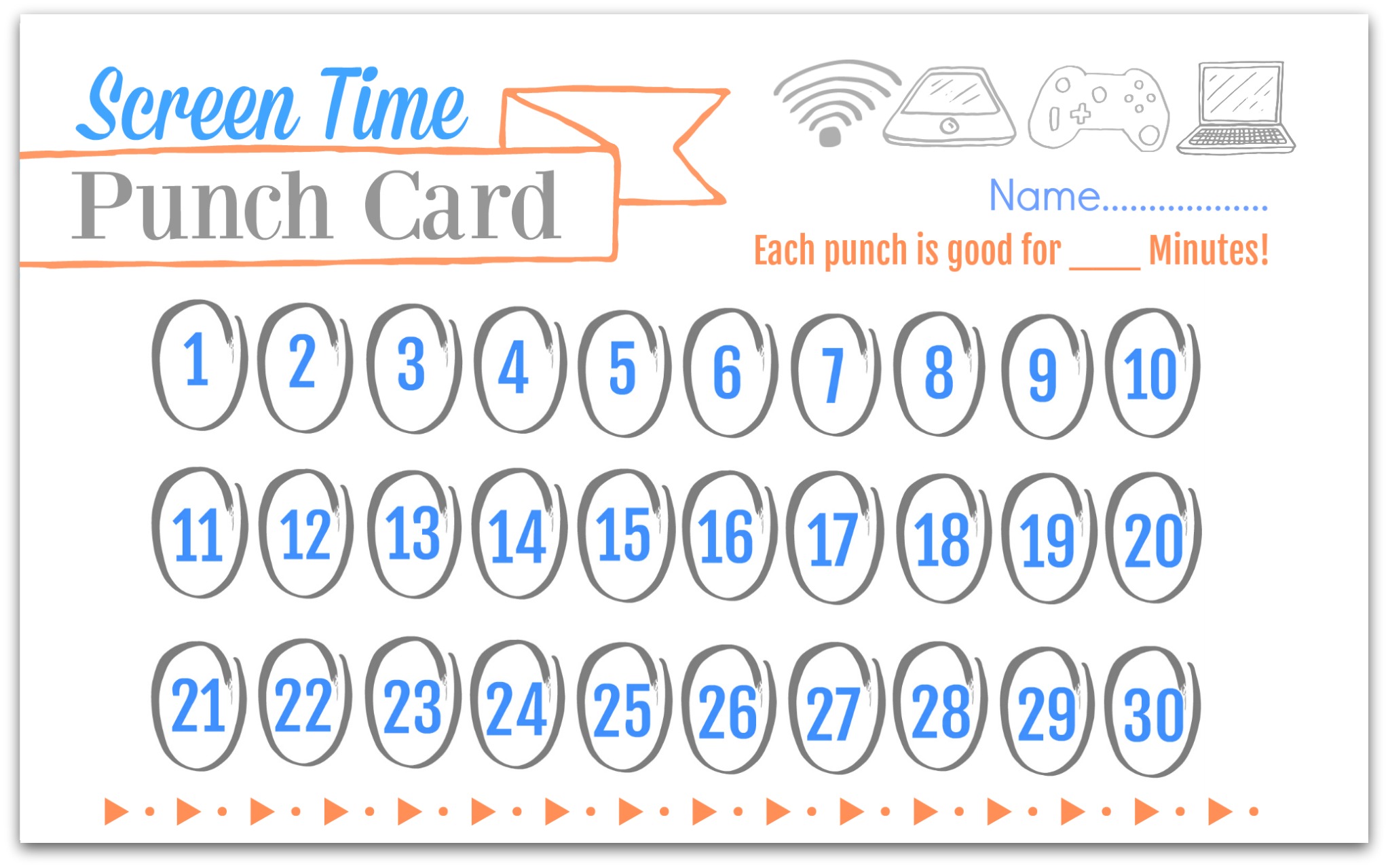 free printable reading punch card – screen time punch card