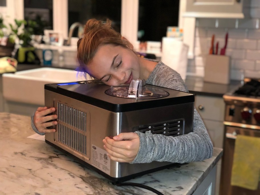girl hugging Whynter Ice Cream Maker