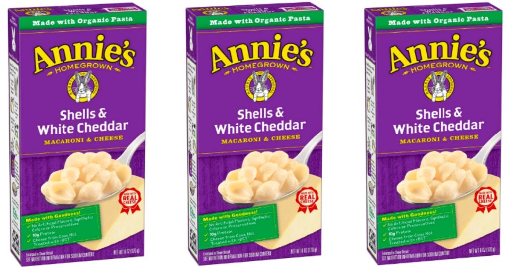 three boxes of annies shells and white cheddar mac and cheese