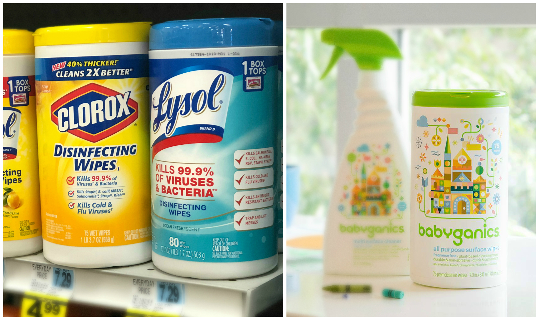 green natural eco-friendly cleaning products – Cleaning Wipes comparison - Lysol versus babyganics