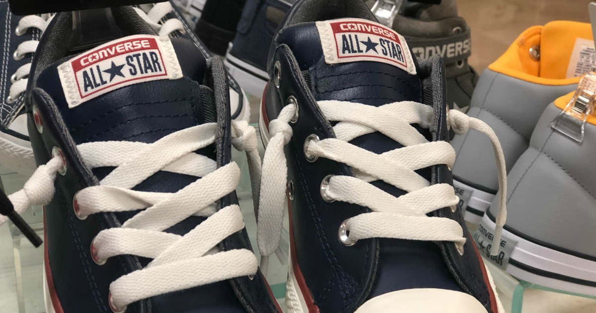 up close pic of navy Converse shoes
