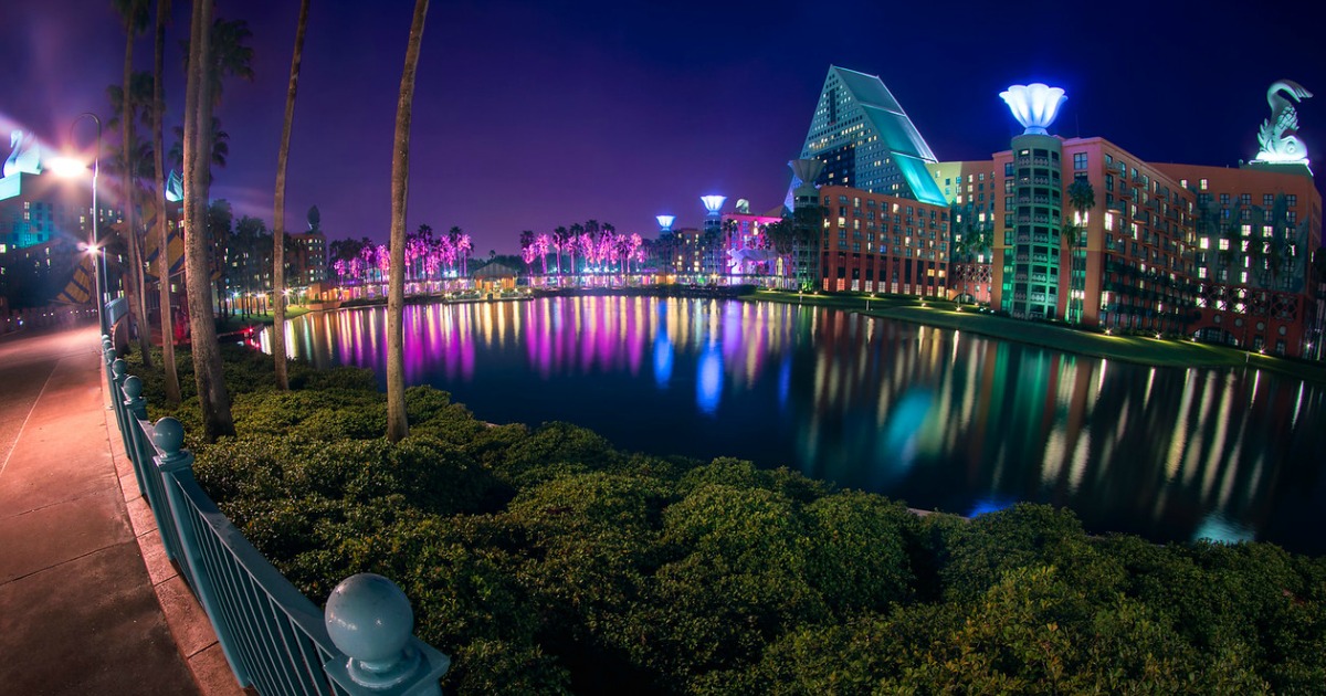 view of the Disney Swan & Dolphin hotels from across the lake