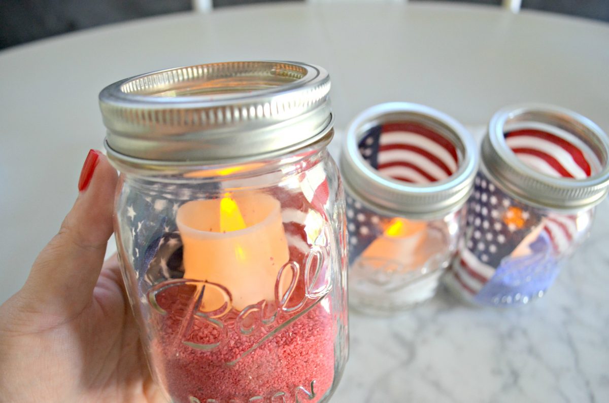Dollar Tree 4th of July Craft Mason Jar Votives – lit candles