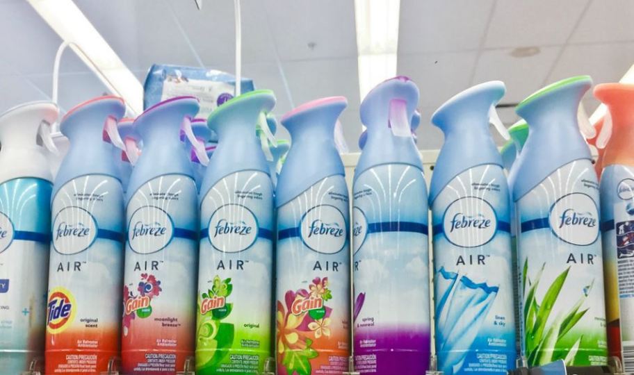 febreze spray canisters on a shelf