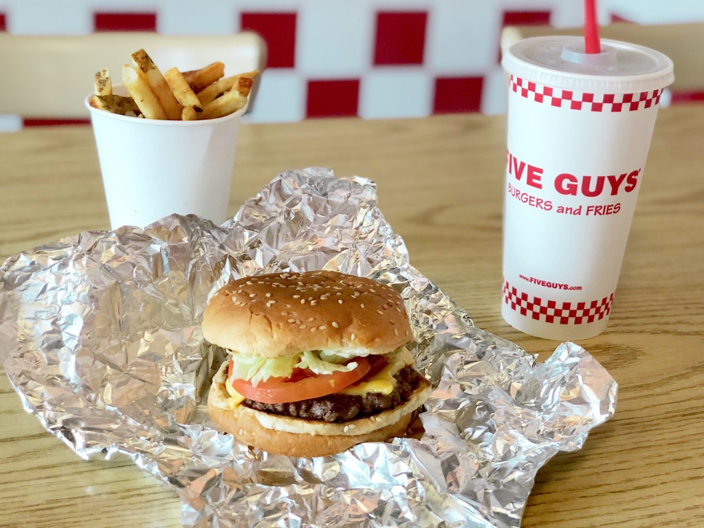 five guys burger, fries, and drink