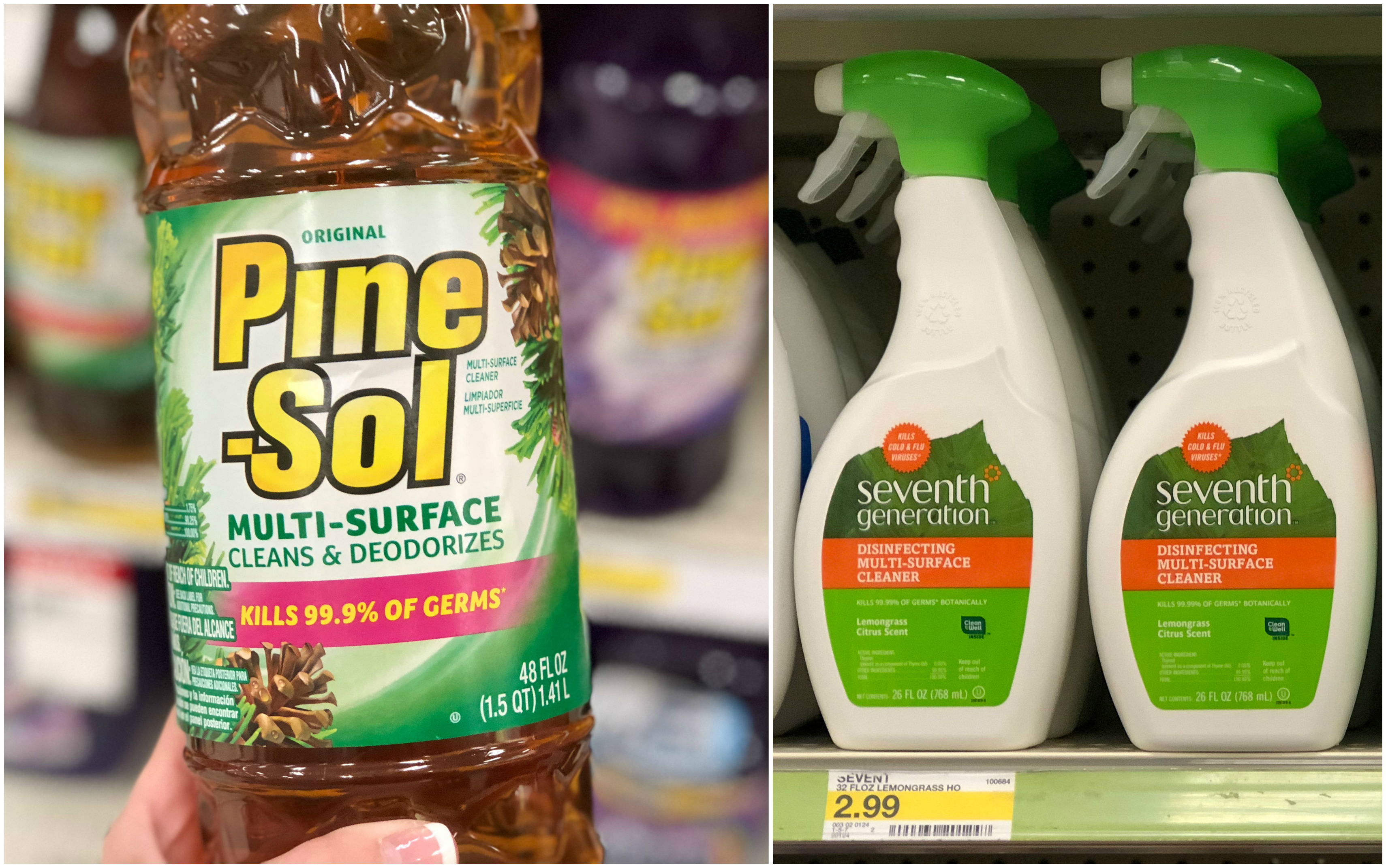 green natural eco-friendly cleaning products – multi surface cleaners – Pine-Sol versus Seventh Generation