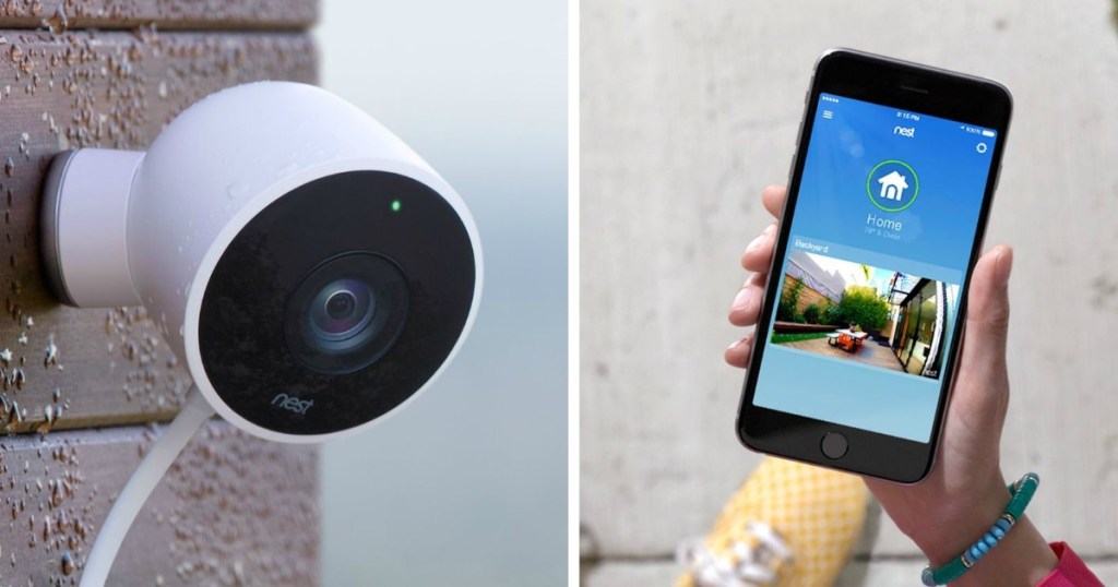 nest security camera and hand holding phone with security camera footage displayed