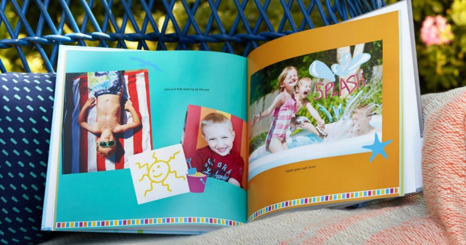 shutterfly photo book open with images of kids playing inside