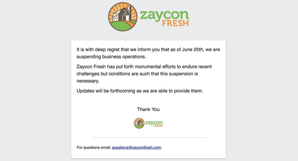 zaycon fresh suspended business operations - Zaycon fresh landing page announcement