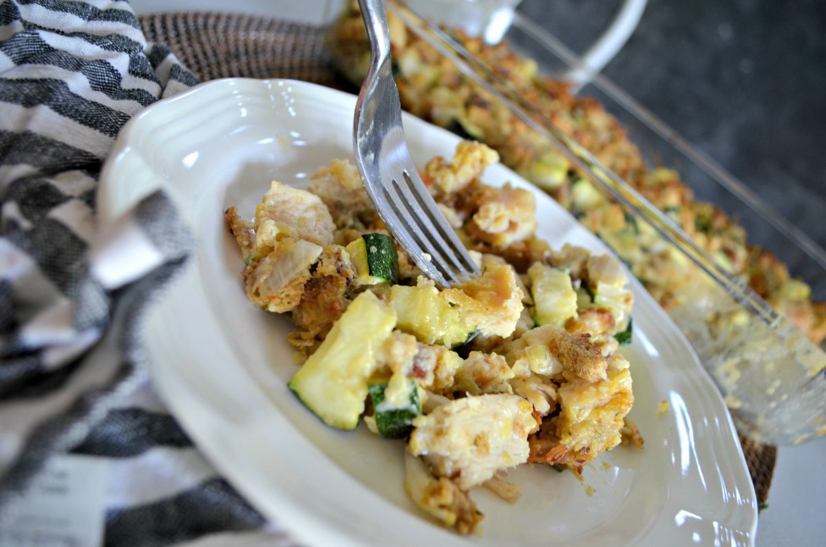 easy chicken zucchini casserole recipe -- finished product on a plate