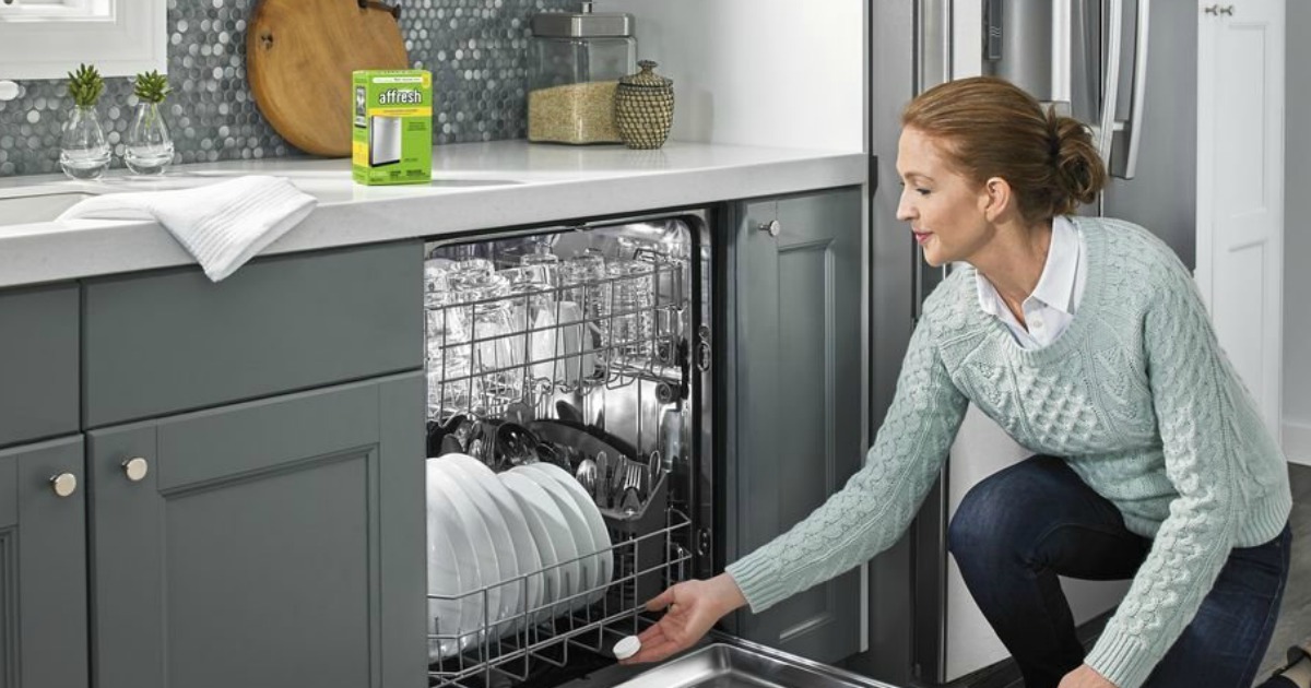 woman using affresh dishwasher tablets