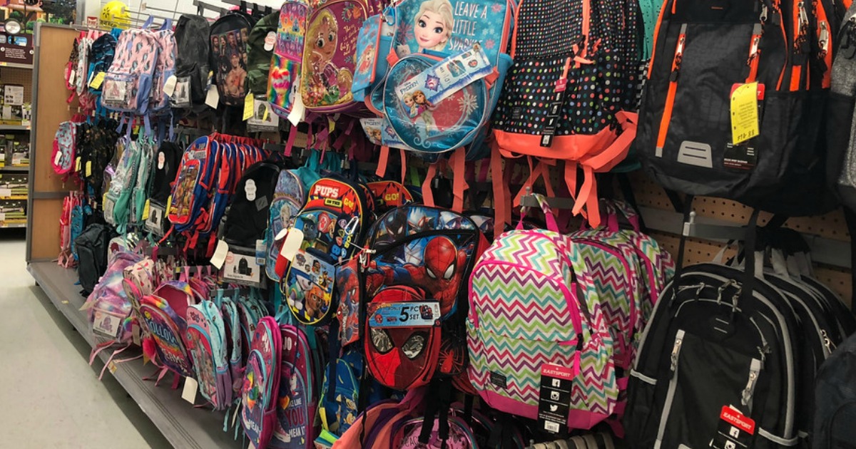 kids character backpacks on display in store