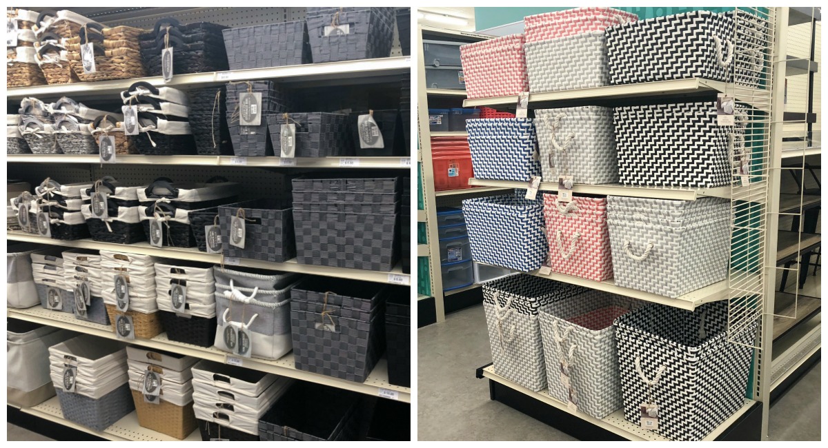 back-to-school college dorm shopping with big lots — faux wicker bins and woven colorful baskets