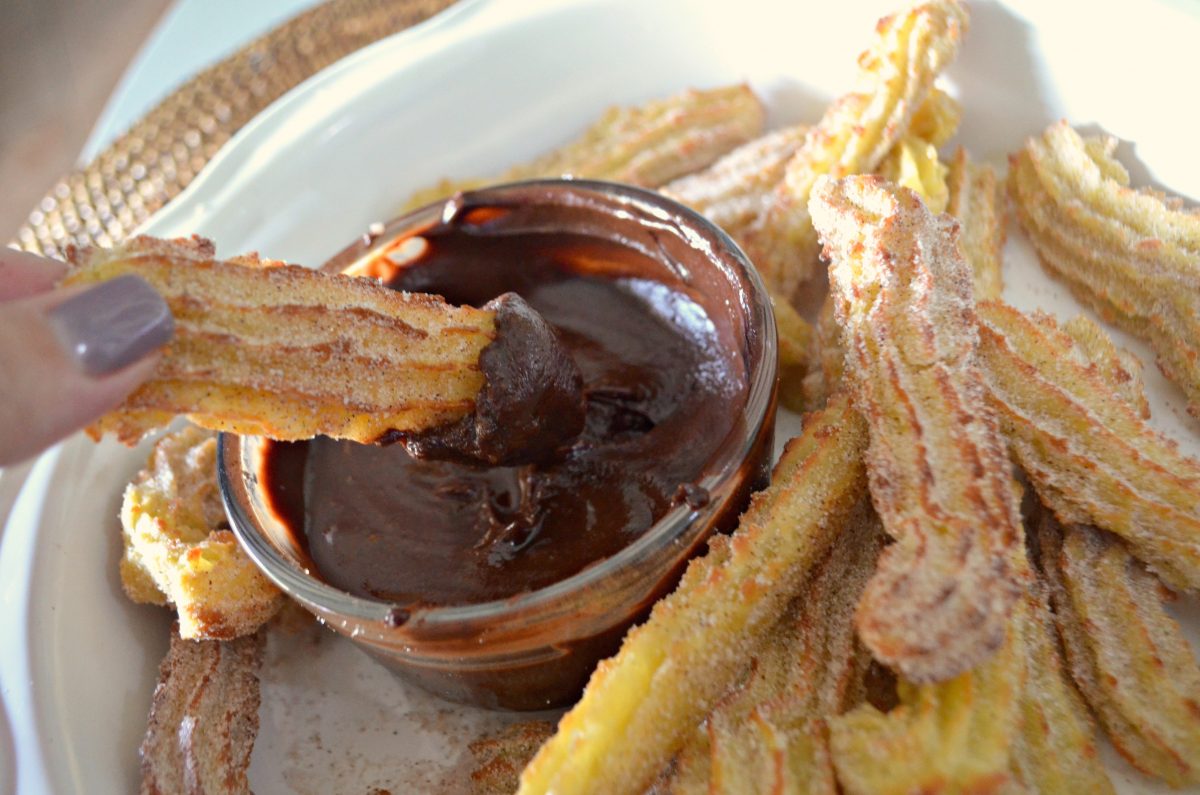 cinnamon and sugar churros from the air fryer – dipped in chocolate