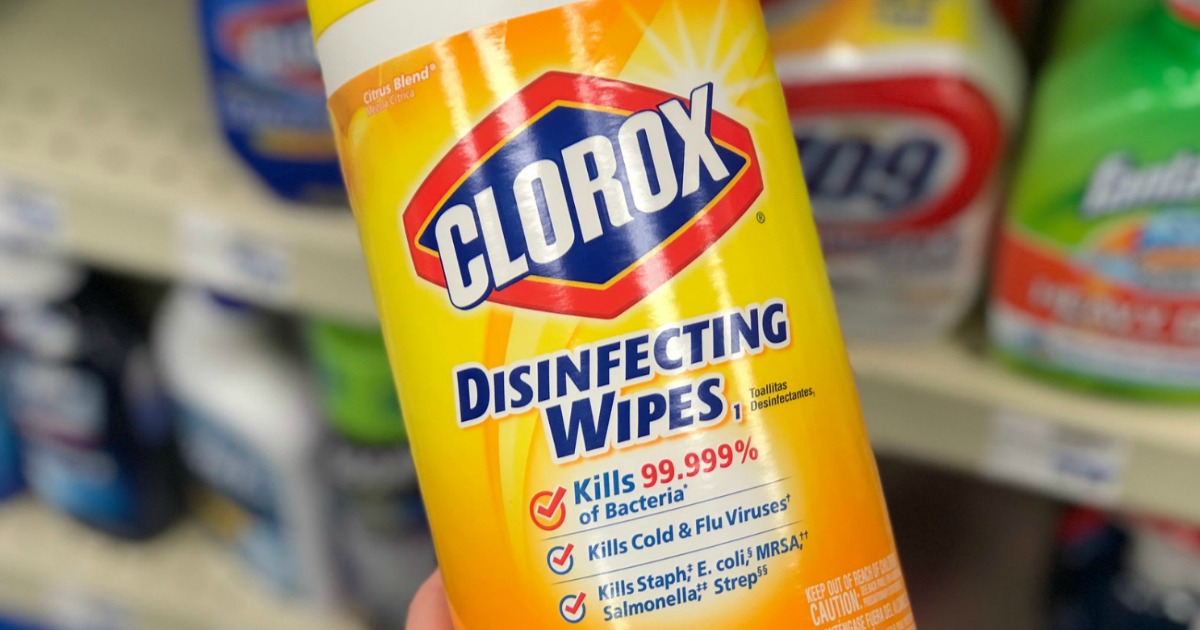 canister of clorox disinfecting wipes held in store