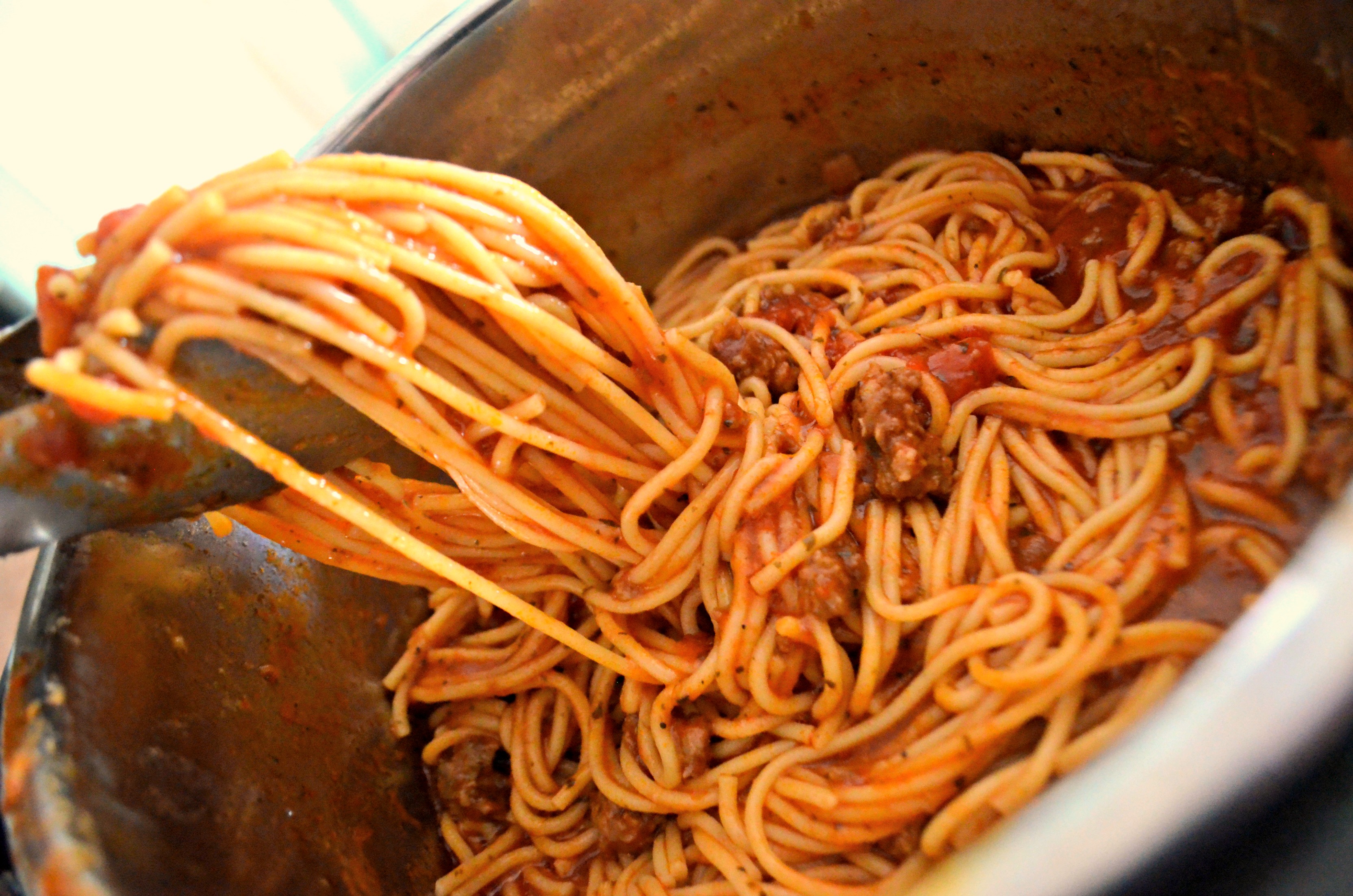 Instant Pot Spaghetti with Meat Sauce - a closeup of the finished spaghetti with meat sauce