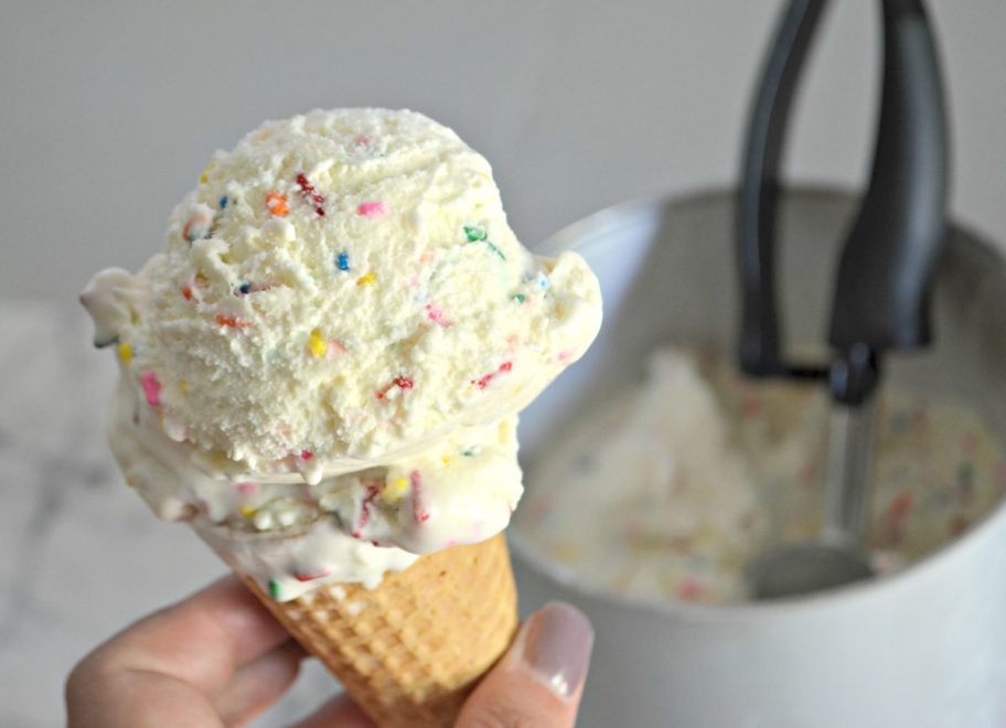 homemade cake batter ice cream &ndash; Scooped into a cone