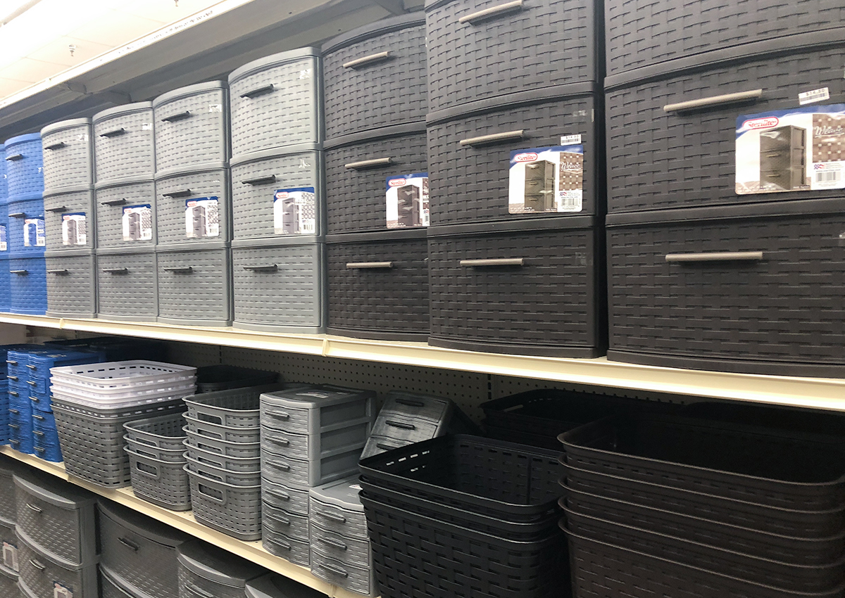 back-to-school college dorm shopping with big lots — tiered faux wicker drawers and bins