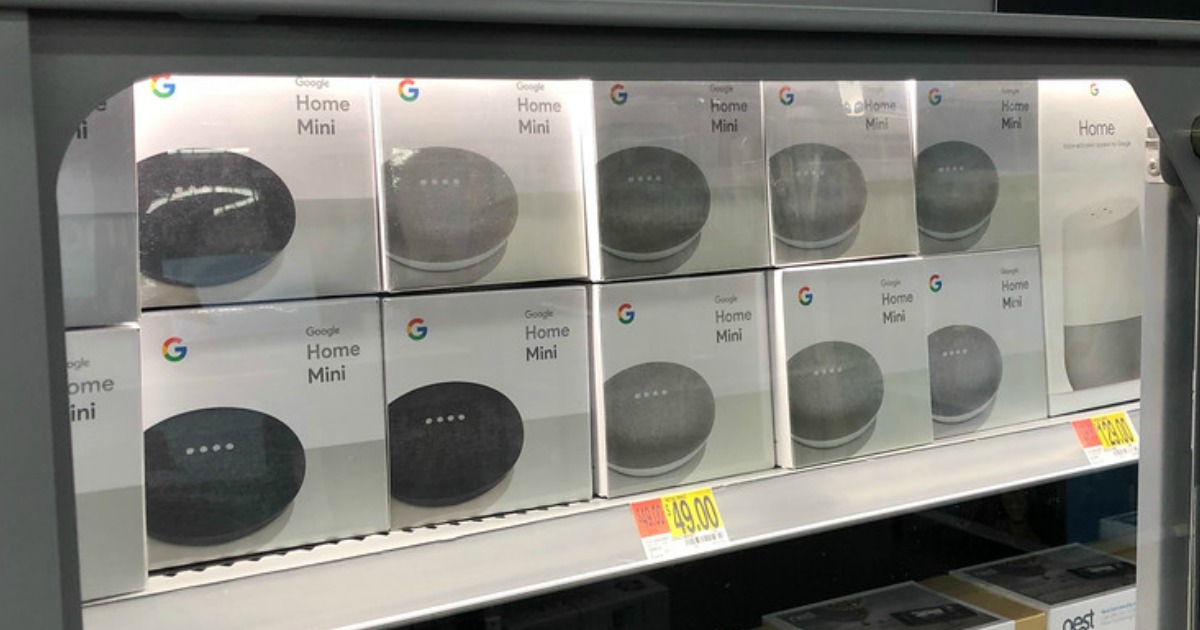 Google Home Mini devices in boxes on Walmart store shelf