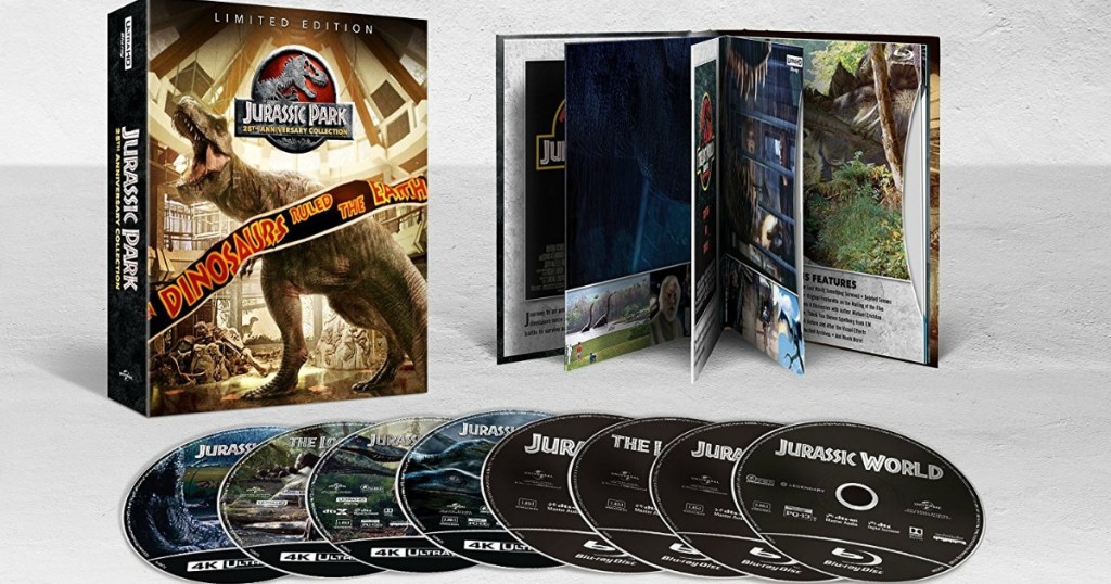 Limited Edition Jurassic Park 25th Anniversary Collection 4K Ultra HD + Blu-ray + Digital Combo with all discs spread out to show details of contents