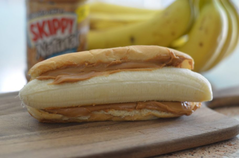 Peanut butter and banana in a hotdog bun for school lunch