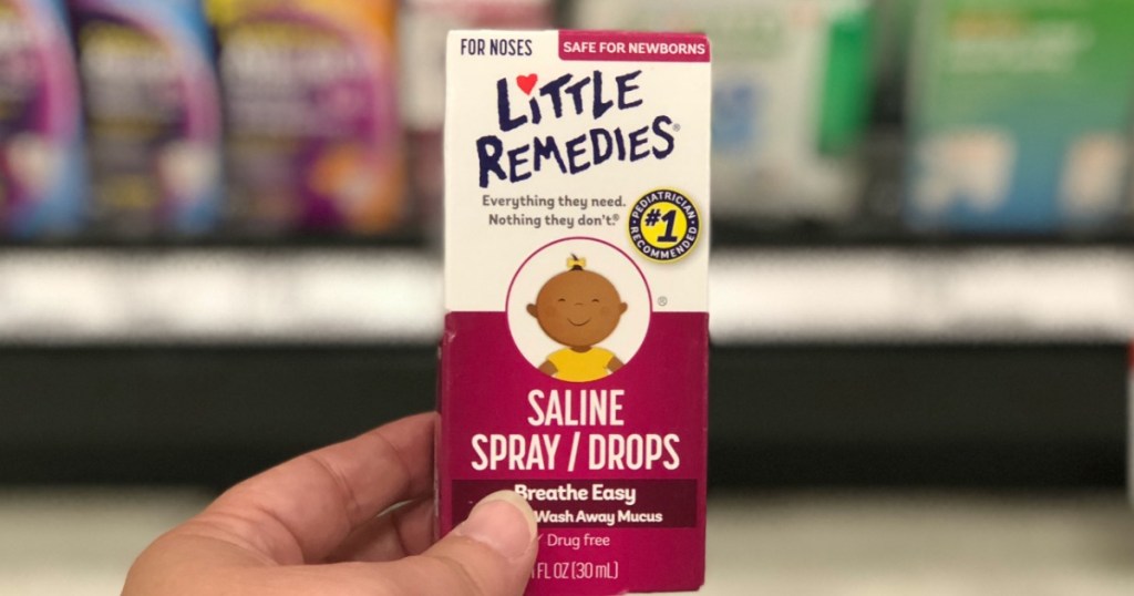 hand holding box of Little Remedies Saline Spray/Drops