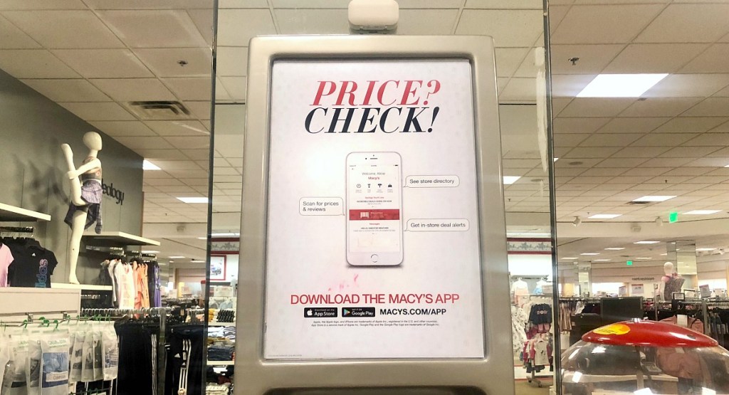 macy's shopping tips — price check signage about using the Macy's app