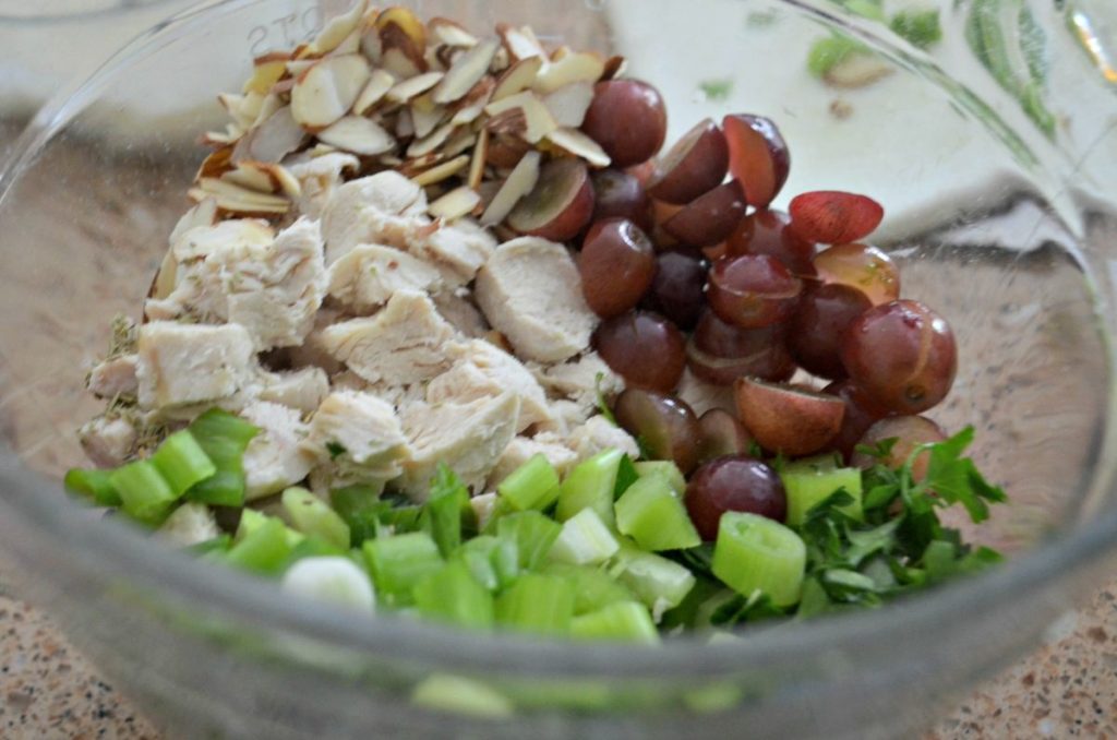 chicken salad ingredients in a bowl