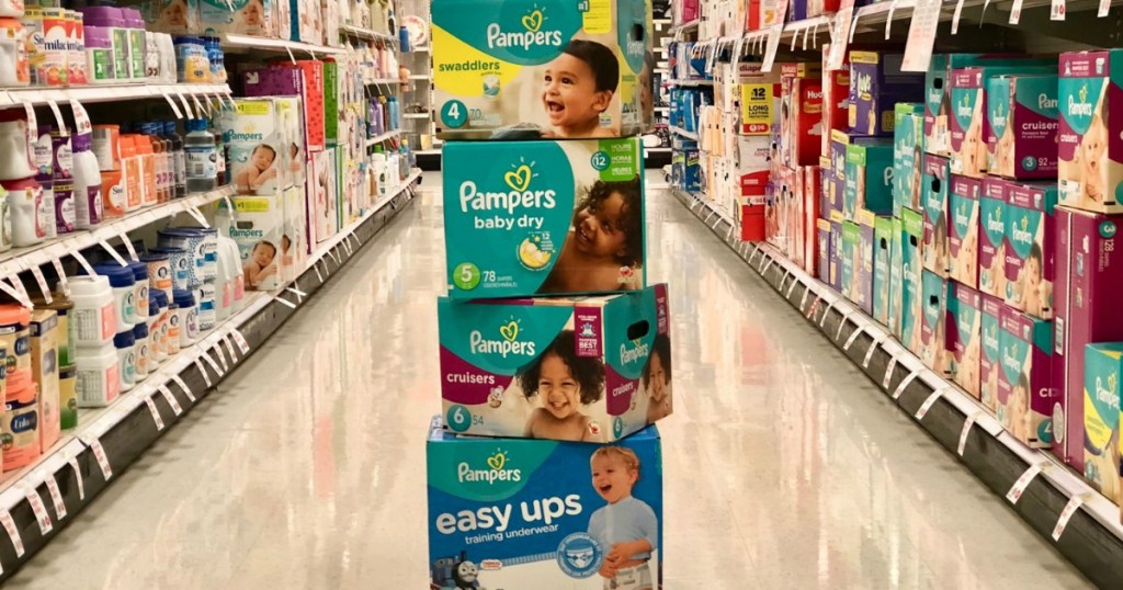 tower of pampers in aisle