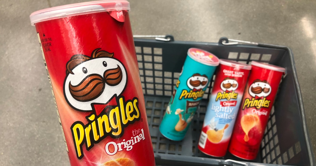cans of Pringles in a store basket 