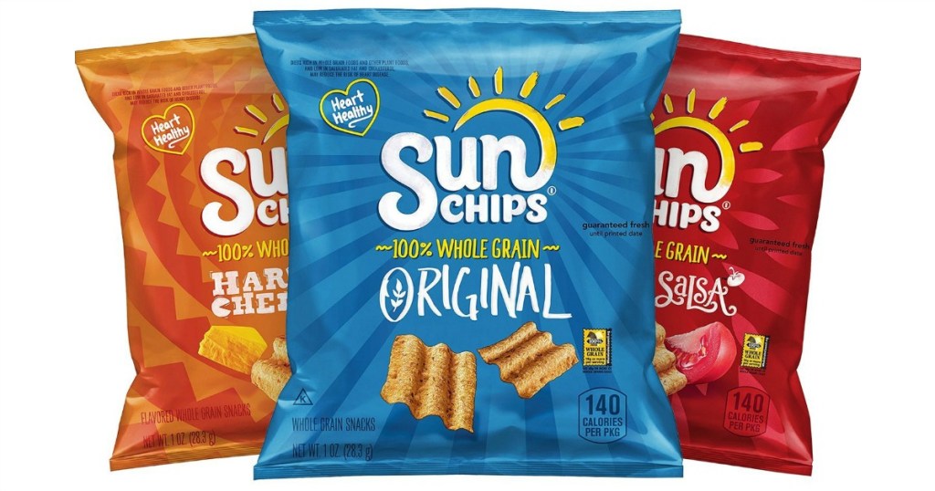 three bags of chips in bags of different flavors