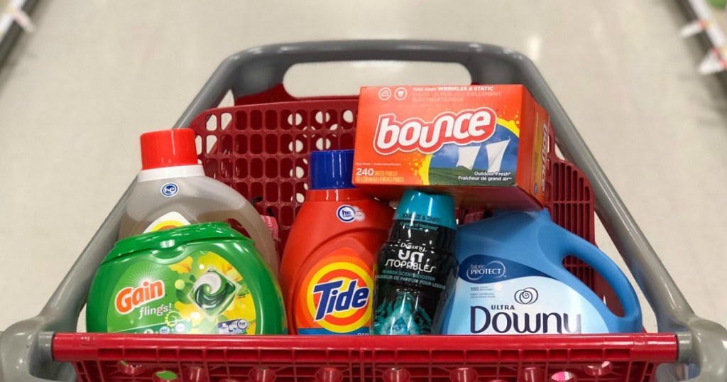 various laundry products in red cart