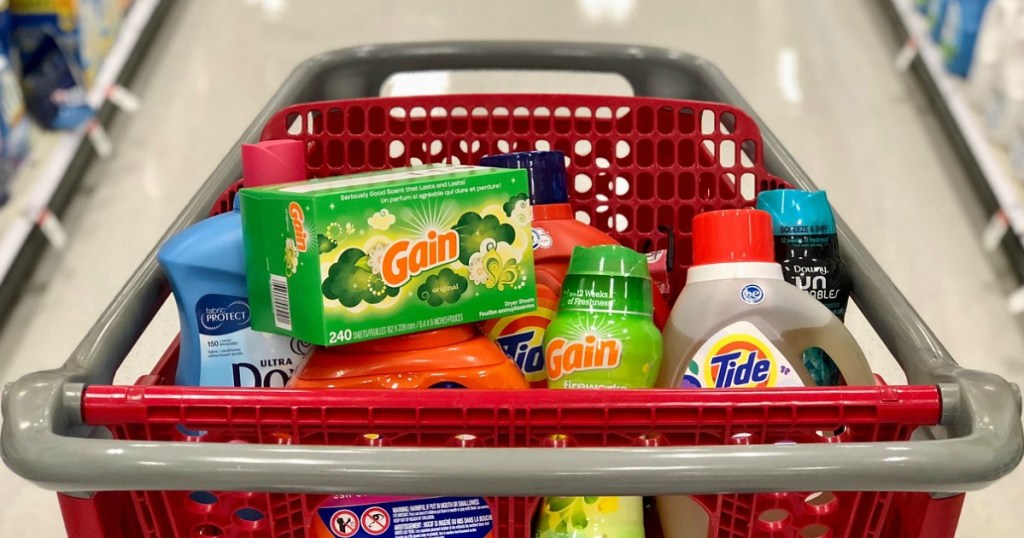 laundry care products in red cart 