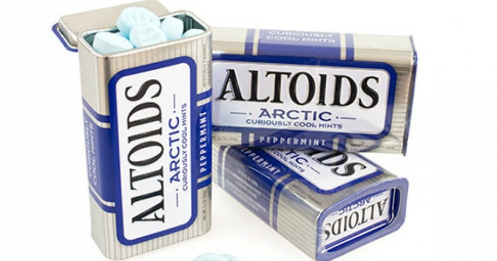 3 packs of altoids arctic cool mints with one tin open displaying mints