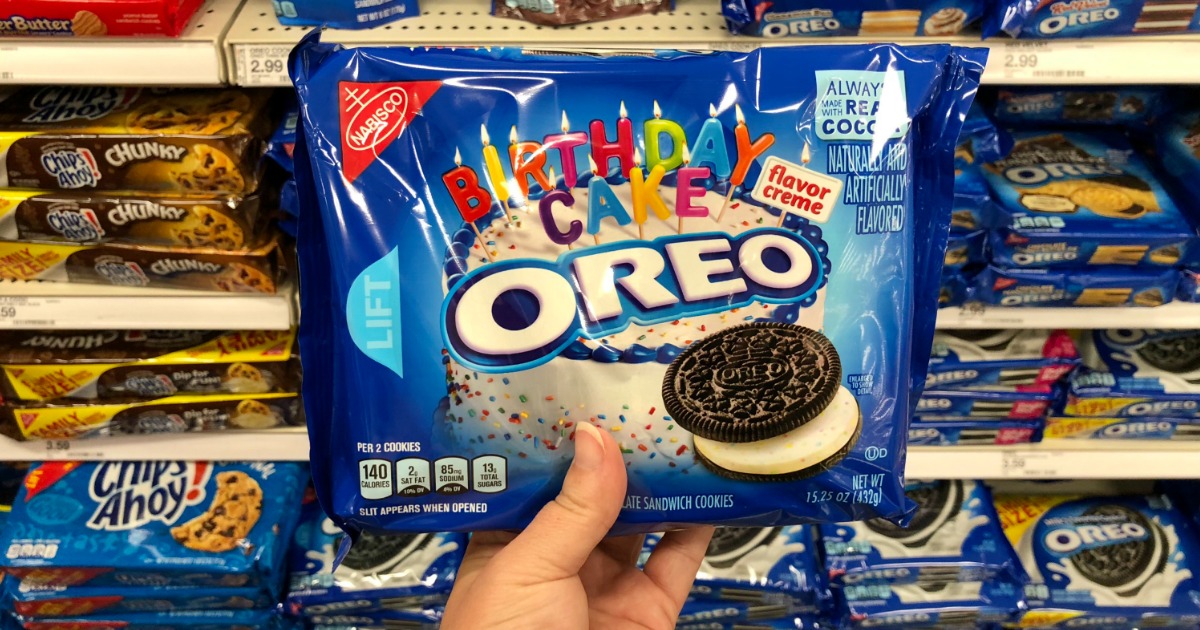hand holding a package of oreo birthday cake flavor in a target store