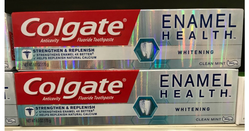 two tubes of toothpaste on shelf 