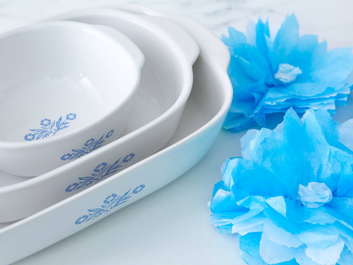 We know where to find the new blue & white cornflower corningware – the cookware stacked