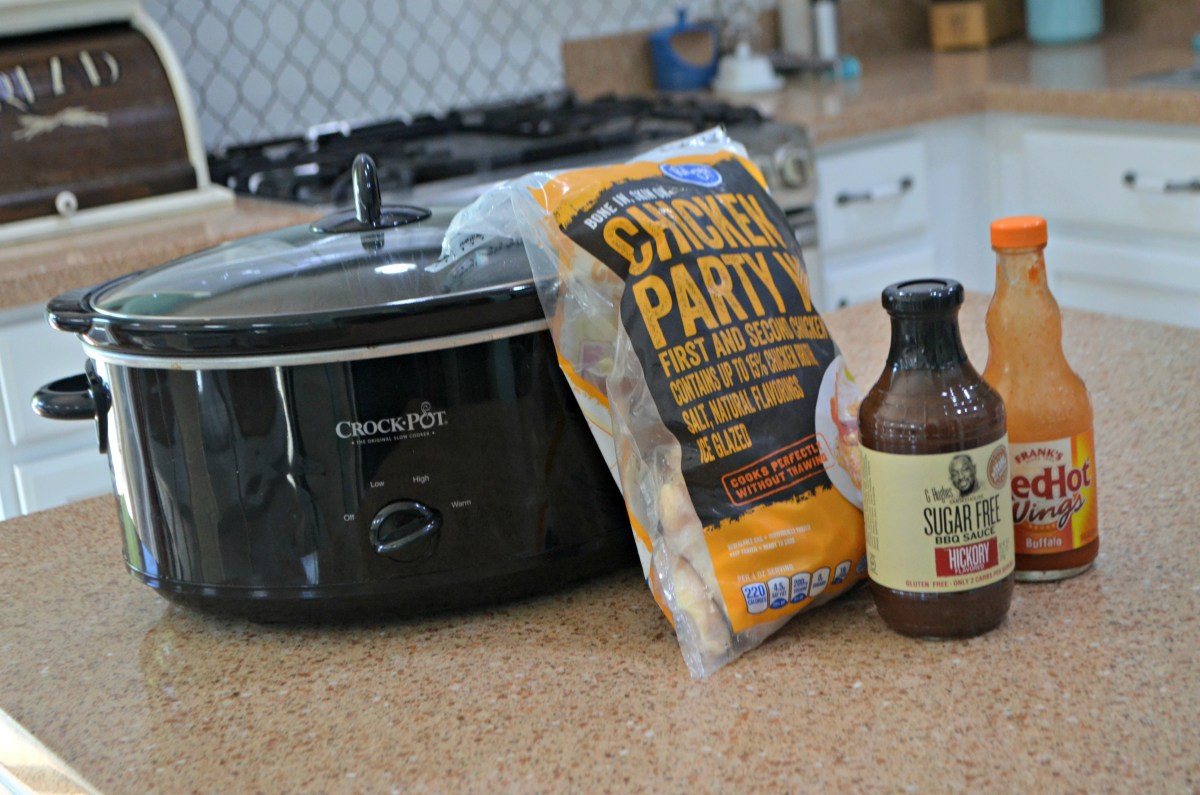 ingredients to make slow cooker chicken wings with Buffalo and BBQ sauce