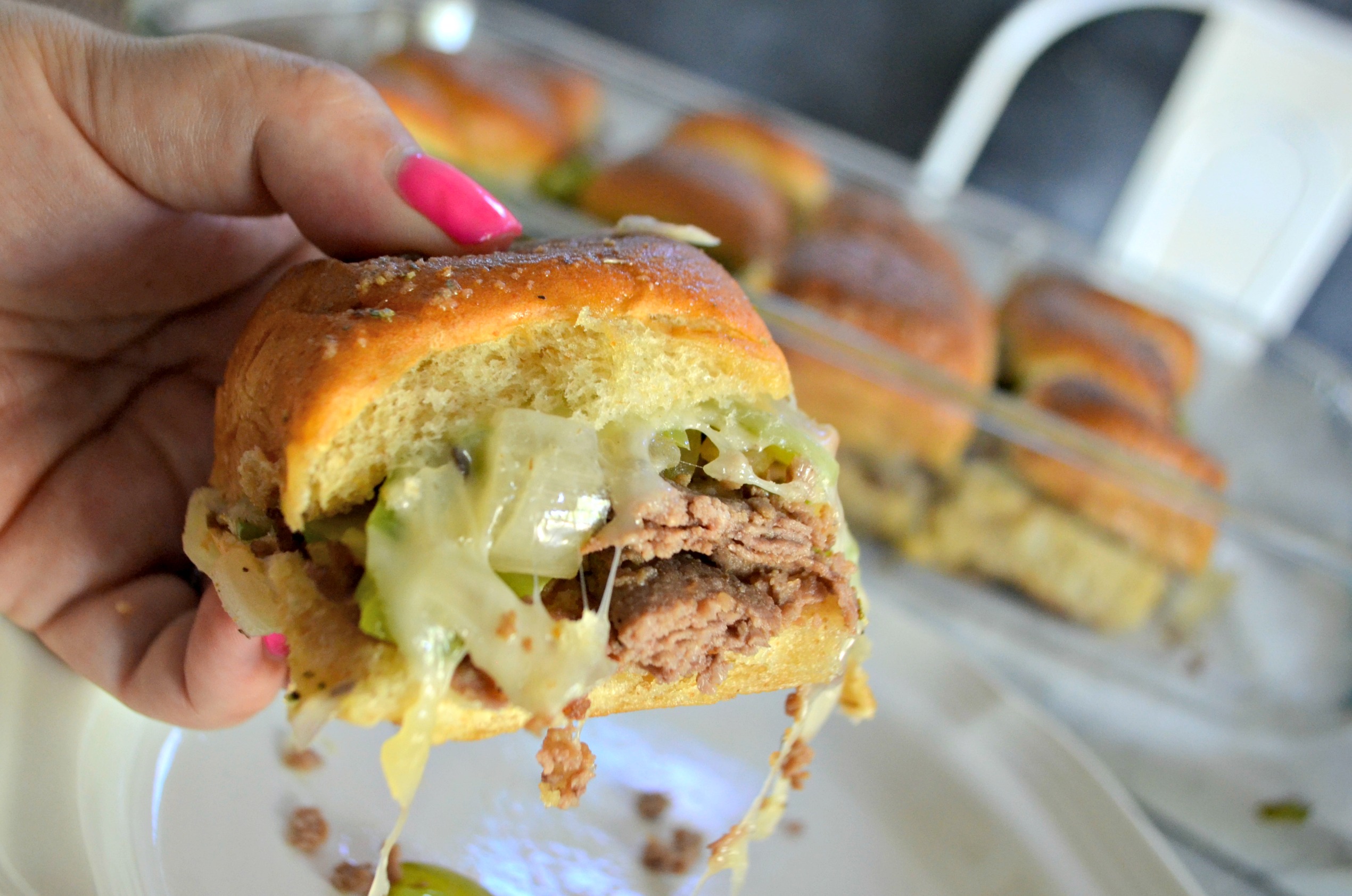 Philly Cheesesteak Sliders - closeup of a slider