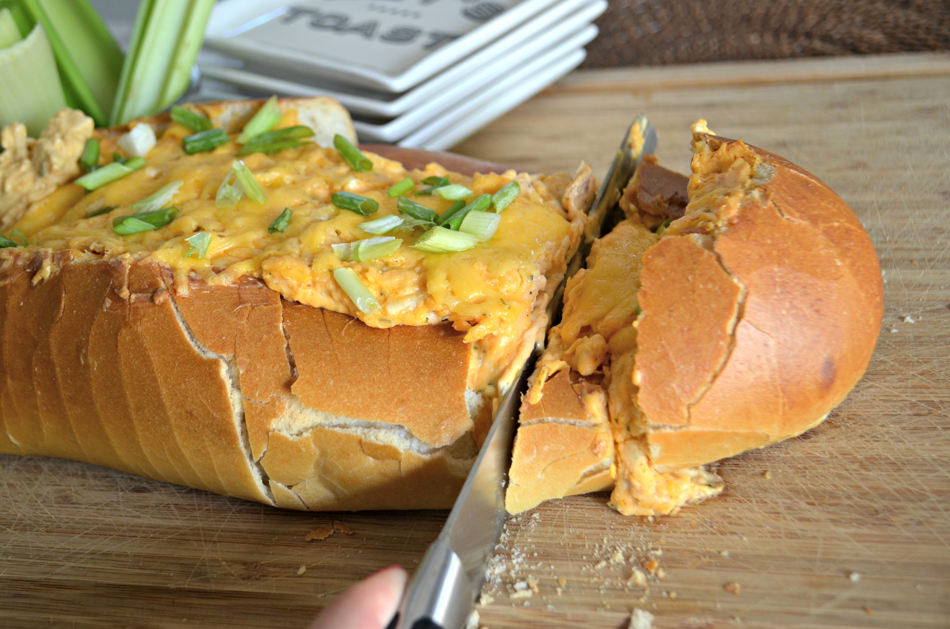 Buffalo Chicken Dip Bread Bowl - slicing as a loaf, which didn't work well