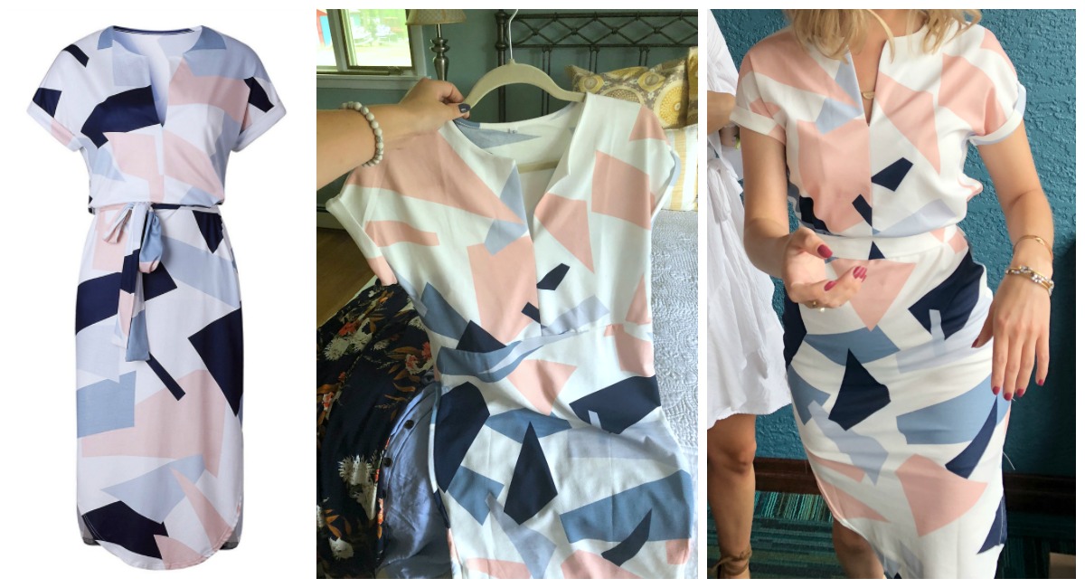 Shopping for clothing? Check out this amazon hack – comparison of amazon listing image to real life image of a geometric dress from amazon
