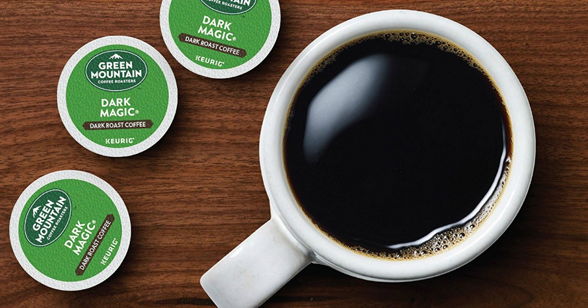 Green Mountain coffee k-cups next to a cup of coffee
