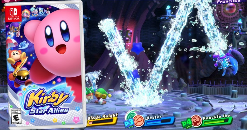 Screenshot of Kirby Star Allies with picture of Nintendo Swith game