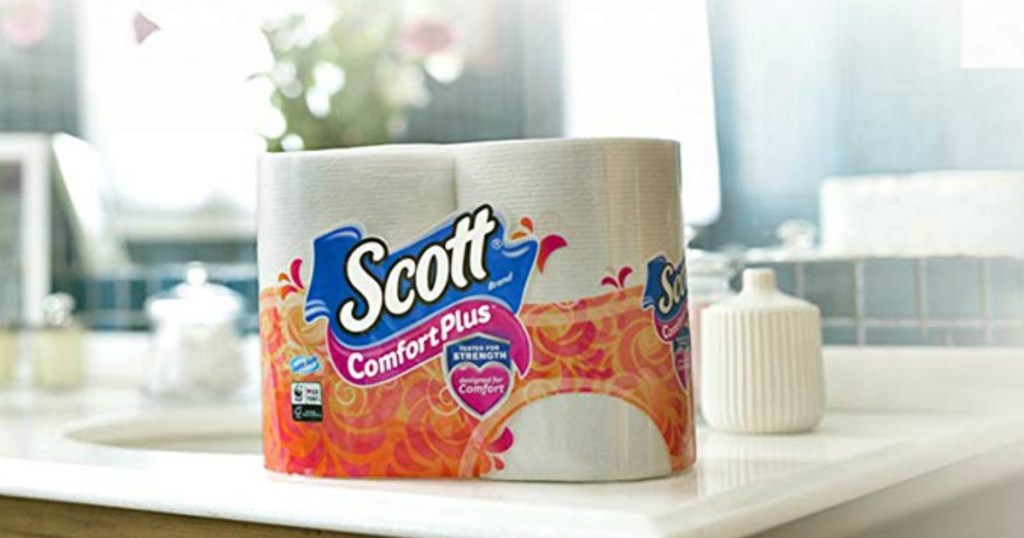 Package of Scott Comfort Plus toilet paper on a counter